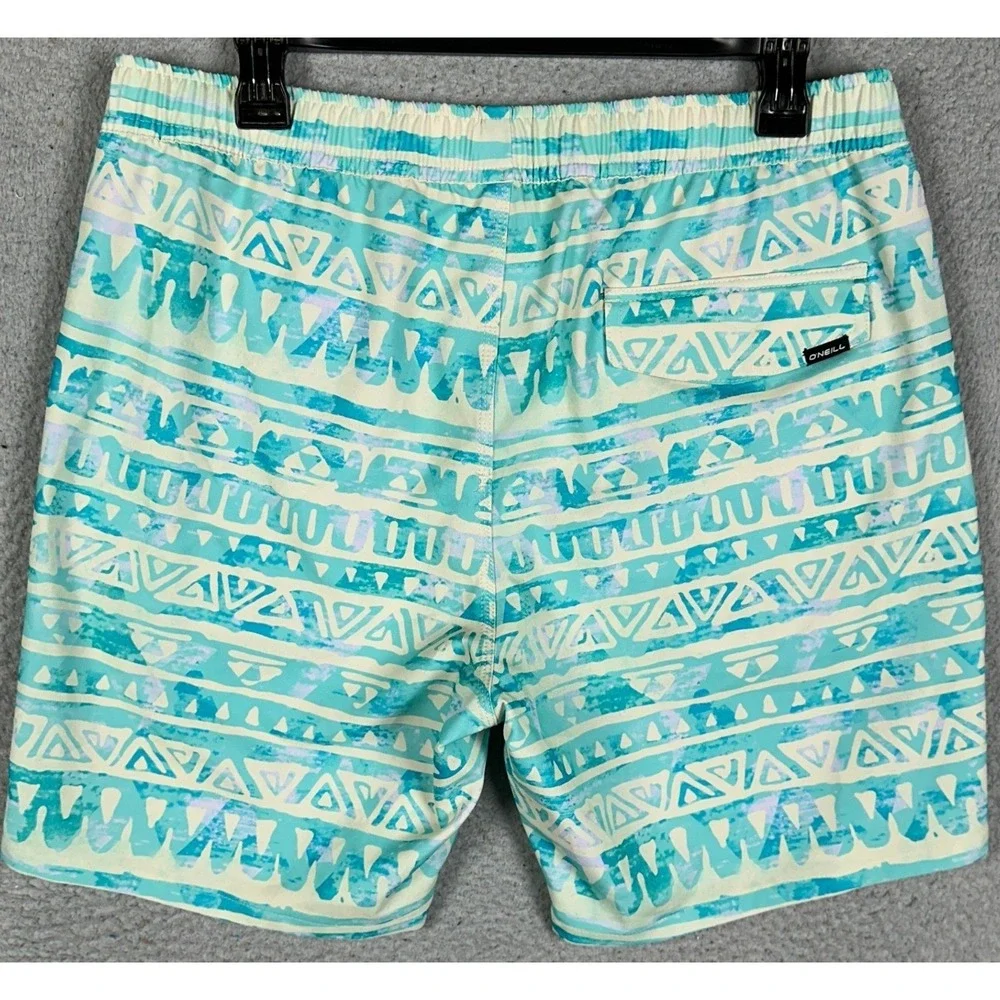NEW O Neill Swim Trunks Mens Medium Teal Geometric Tribal Print Board Shorts